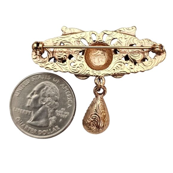 1928 Brand Rose Bar Brooch Faux Pearl Victorian Style Pink Pear Dangle Pin C903 - Picture 5 of 7